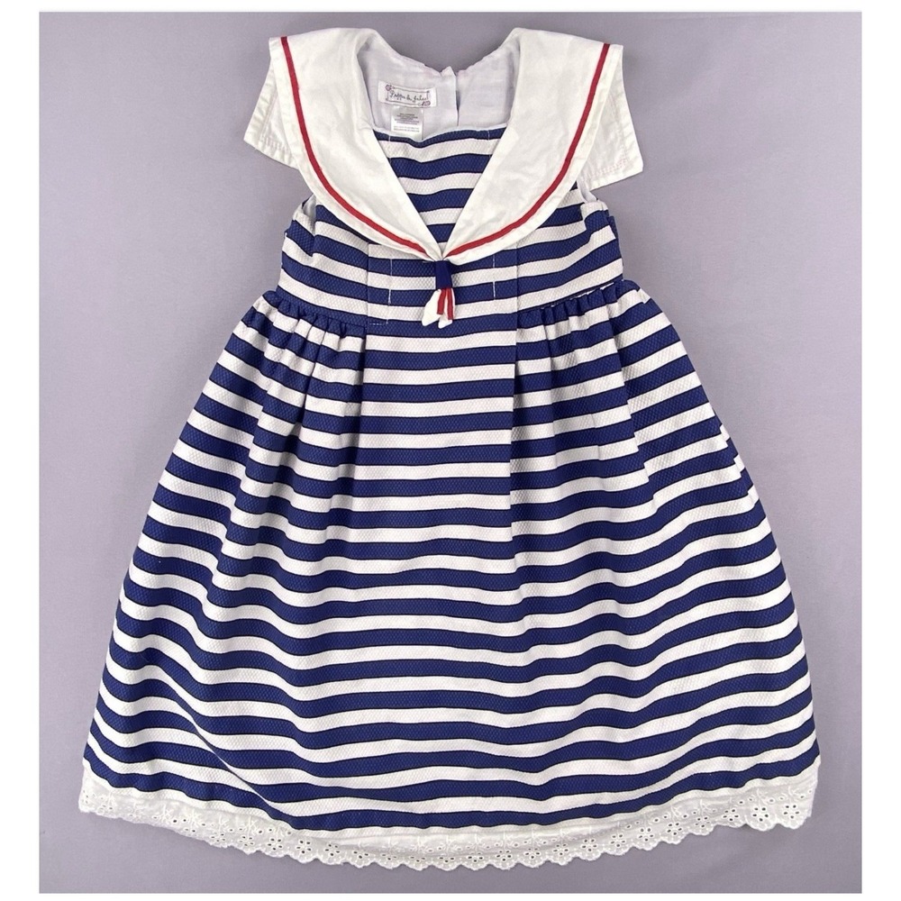 Pippa & Julie Sailor Dress Girls Size 6 Fits Sz 4/5 Striped Eyelet Lace Coastal
